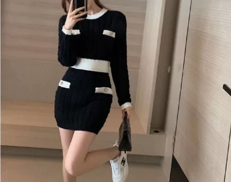 网红小个子穿搭白色针织上衣包臀短裙温柔小香...