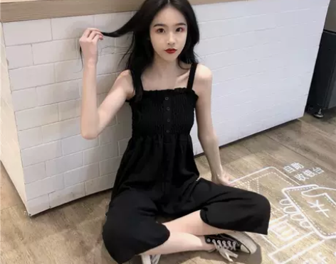 黑色雪纺吊带连体裤女夏小个子外穿宽松显瘦阔...