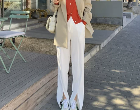 直筒裤女高腰垂感宽松显瘦开叉西装休闲裤百搭...