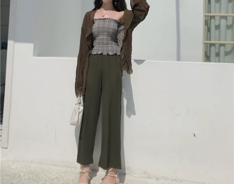 扑啦啦韩风Chic高腰显瘦压褶针织阔腿裤女...