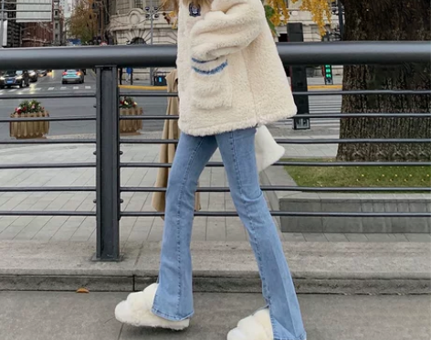 蓝色高腰开叉微喇牛仔裤女2022新款夏季修...