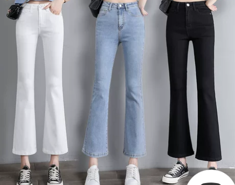 秋冬款加绒加厚高腰显瘦黑色微喇牛仔裤女九分...