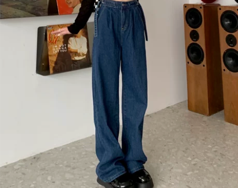 春秋宽松阔腿裤大码胖mm高腰可调节直筒老爹...