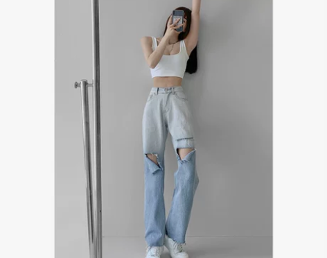 欧美风渐变破洞牛仔裤女夏季薄款高腰显瘦阔腿...