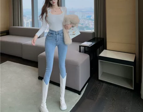 蓝色牛仔裤女高腰紧身显瘦小脚裤春季新款韩版...