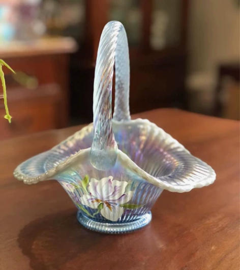 FENTON芬顿美国中古玻璃珠光蓝手绘鸢尾...