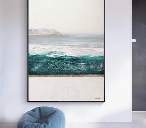 纯手绘大海油画现代简约抽象装饰画厚油机理玄...