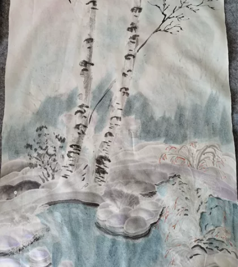 矾墨冰雪画，双层夹宣，纯手绘，四尺三开。 ...