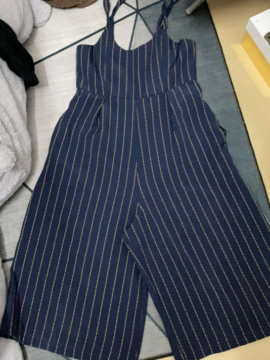 藏青色条纹吊带裤女2021春秋夏新款洋气减...