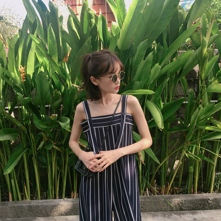 条纹阔腿吊带连体裤女夏装