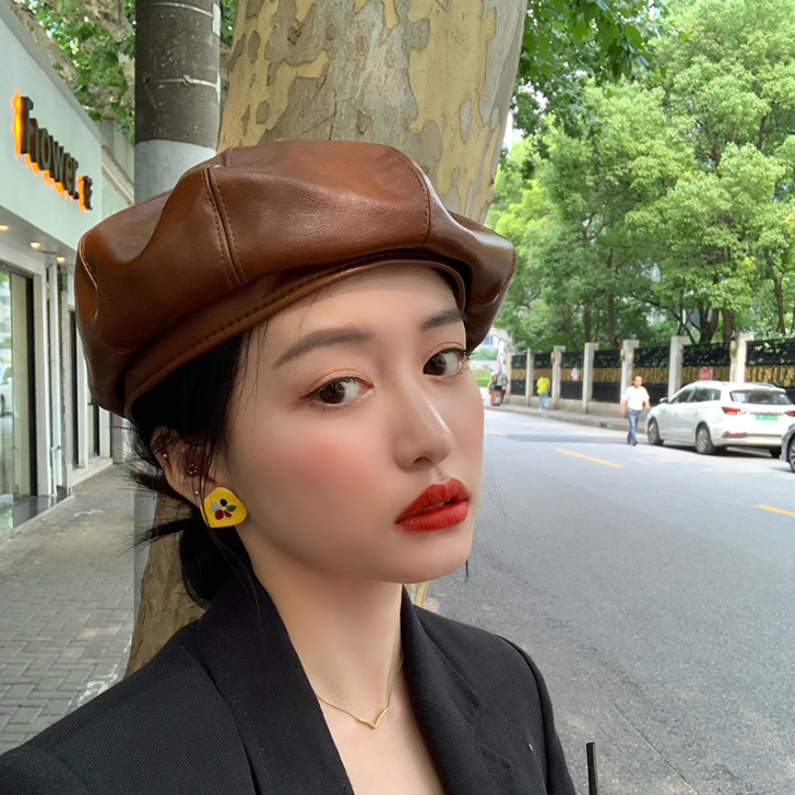 帽子女韩版潮贝雷帽秋冬英伦复古pu皮质八角...