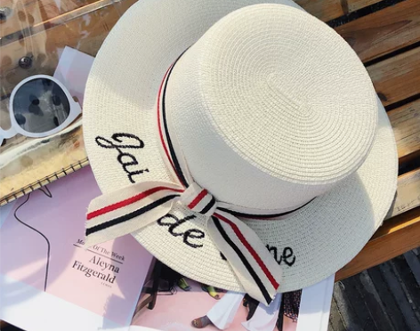 刺绣字母草帽平檐礼帽韩版帽子女夏天沙滩帽太...