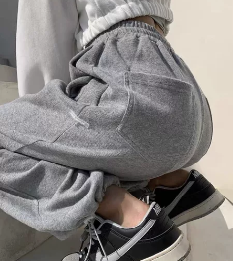 灰色阔腿裤子女春秋宽松休闲束脚加绒卫裤秋冬...