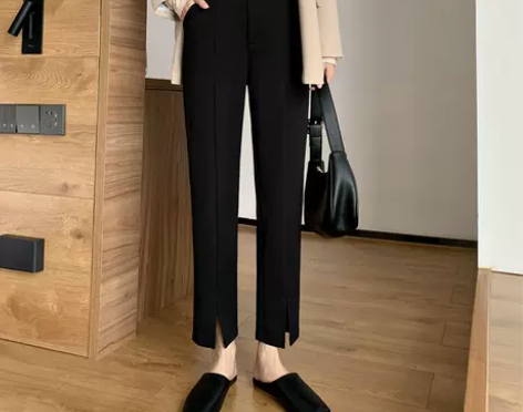 2021新款直筒裤女九分开叉春秋高腰显瘦烟...