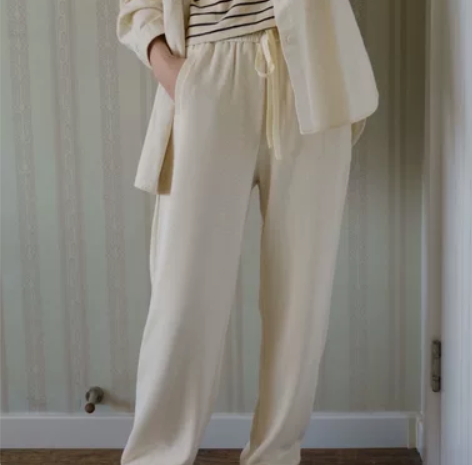 针织阔腿裤女秋冬宽松大码开叉直筒垂感长裤高...