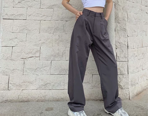 ?经典灰色直筒西装裤女宽松显瘦垂坠感阔腿裤...