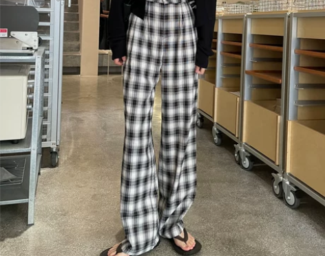 黑白格子裤高腰薄款垂感宽松格纹直筒休闲西装...