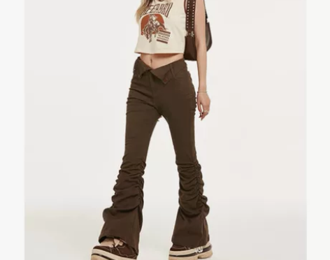 BeerBro美式复古缩褶微喇叭裤女夏设计...