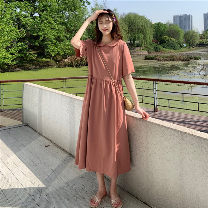 法式小众连衣裙收腰长款短袖女学生长裙韩版2...