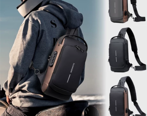 防盗男包潮牌男士胸包休闲运动小背包摩托机车...