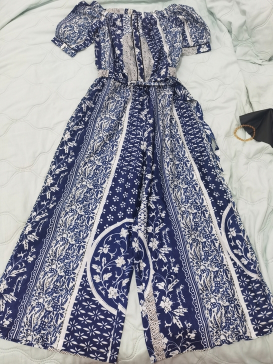 波西米亚风格连体裤，沙滩连体裤，一字肩连体裤