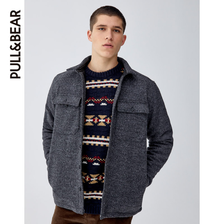 PullAndBear 男士衬衫式素色呢绒...