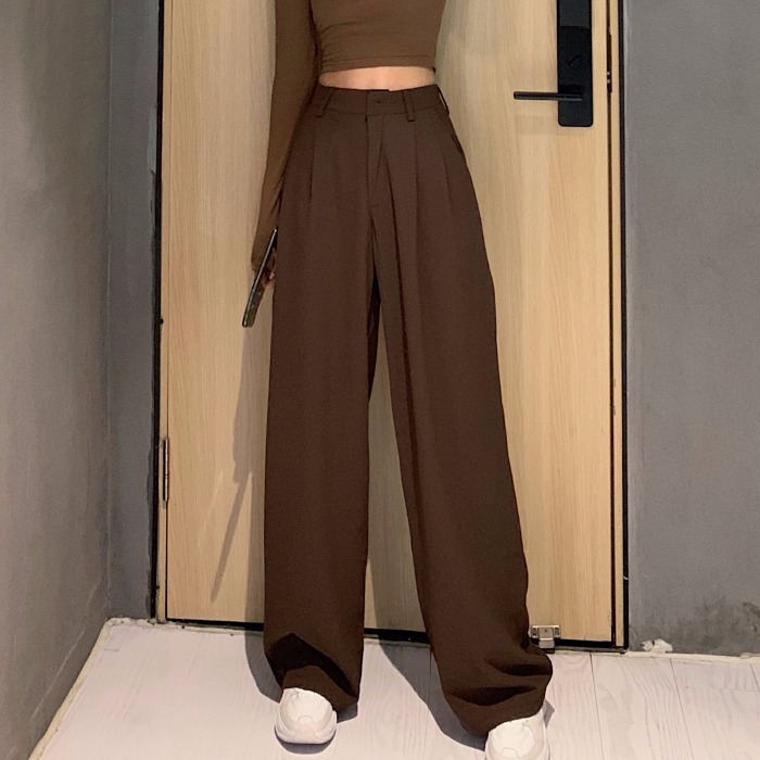 网红复古纯色百搭直筒阔腿裤女春新款学生韩版...