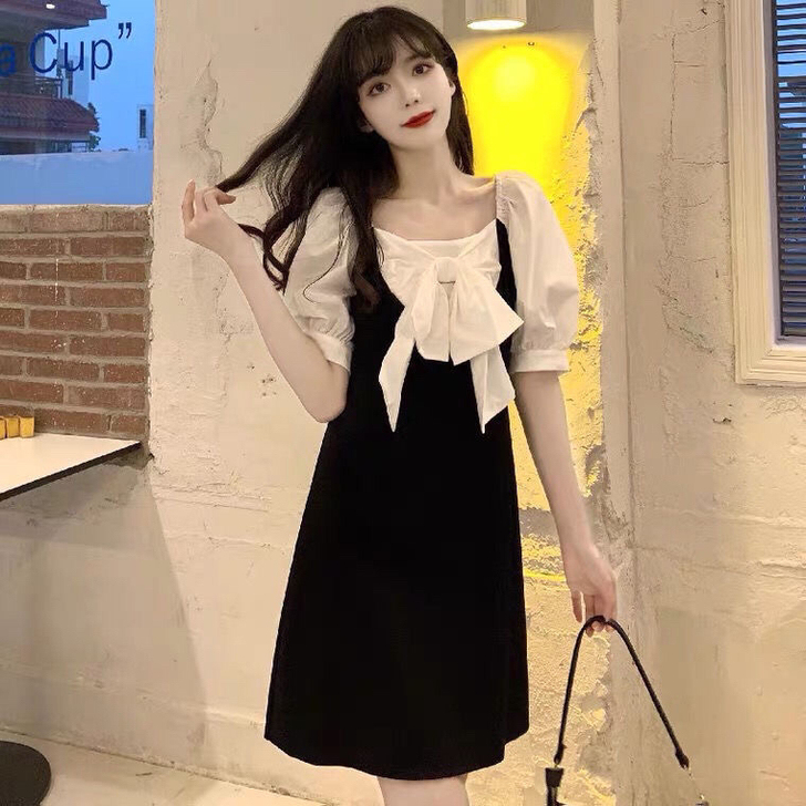 法式复古黑色泡泡袖蝴蝶结薄款新款连衣裙女夏...