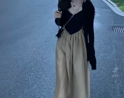 法式小众纯欲连衣裙长裙到脚踝吊带拼接优雅高...