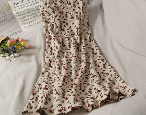 印花灯芯绒高腰中长款 碎花荷叶边显瘦吊带裙...