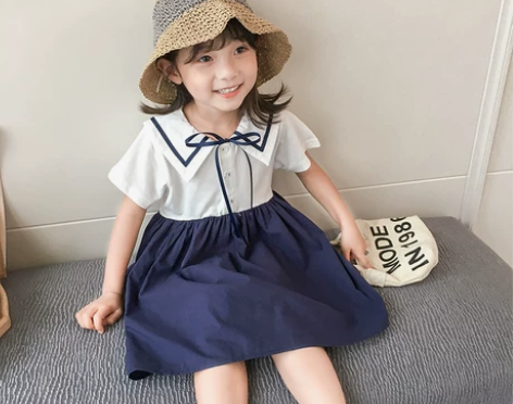 女童连衣裙夏款小童学院风时尚海军英伦翻领拼...