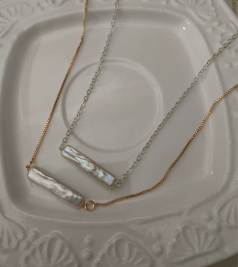 极简风巴洛克小银条珍珠项链 可做金色14k...