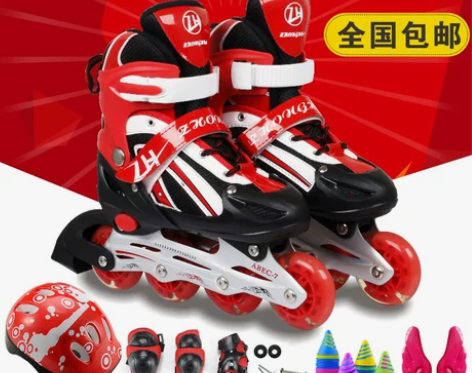 溜冰鞋儿童全套装闪光可调男孩女孩滑冰鞋直排...