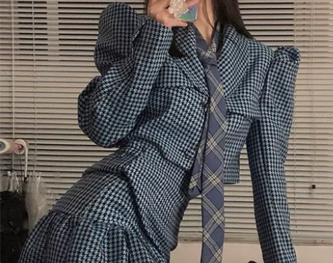 千鸟格西装套装裙两件套女秋季可盐可甜港风复...
