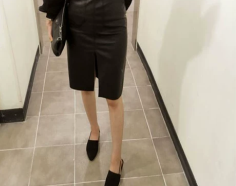 高腰皮裙女春季新款前开叉一步裙纯色显瘦包臀...
