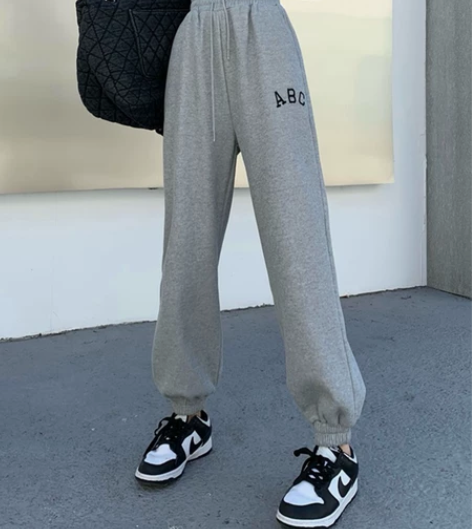 秋冬新款宽松加绒加厚卫裤女裤子字母刺绣休闲...