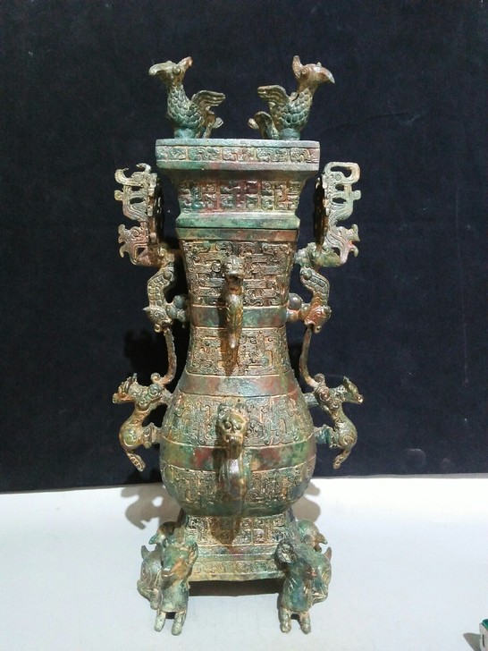 青铜器四羊方壶，满身工艺做工复杂精美纯铜制...