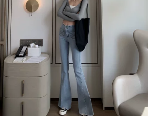 秋季新款高腰显瘦毛边弹力双口袋牛仔裤女韩版...