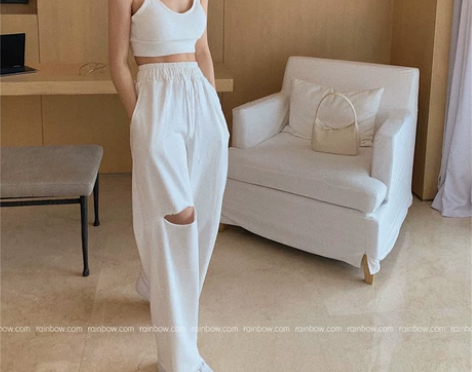 2021夏季新款港风运动破洞休闲裤女高腰阔...