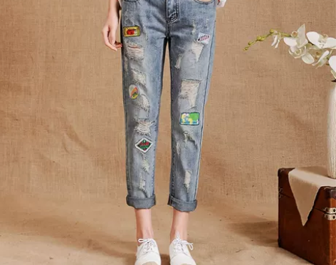 2017春新款九分破洞牛仔裤韩版刺绣补丁哈...
