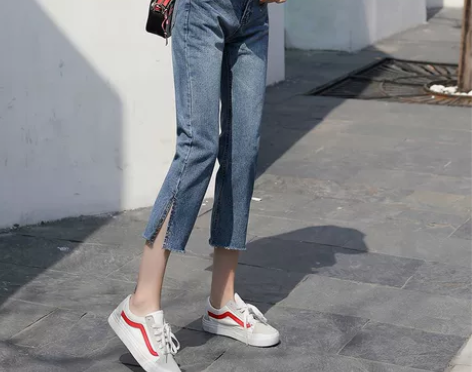 七分小直筒牛仔裤女夏季春秋新款开叉九分高腰...