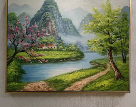 油画手绘国风新中式高意境山水风景群山连框包...