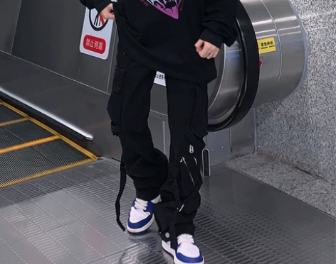 欧美vibe风裤子男绑带多口袋微喇叭工装裤...