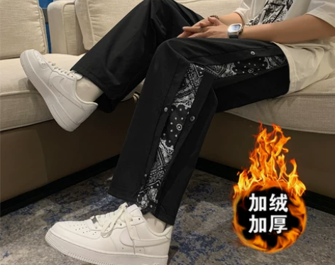 加绒排扣裤子男生秋季潮牌直筒潮流宽松高街阔...