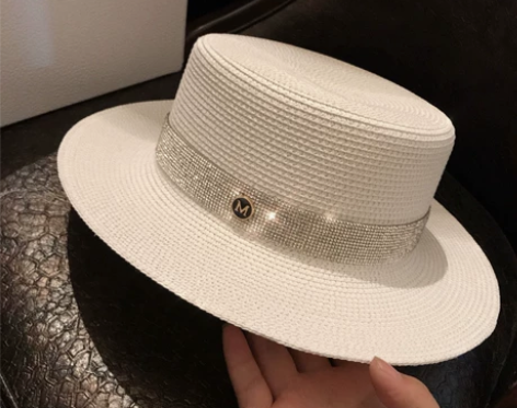 日本代购平顶帽女2022夏M标草帽白色网红...