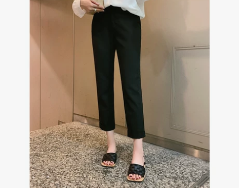 张大奕醋酸休闲裤女2020夏薄款黑色通勤显...