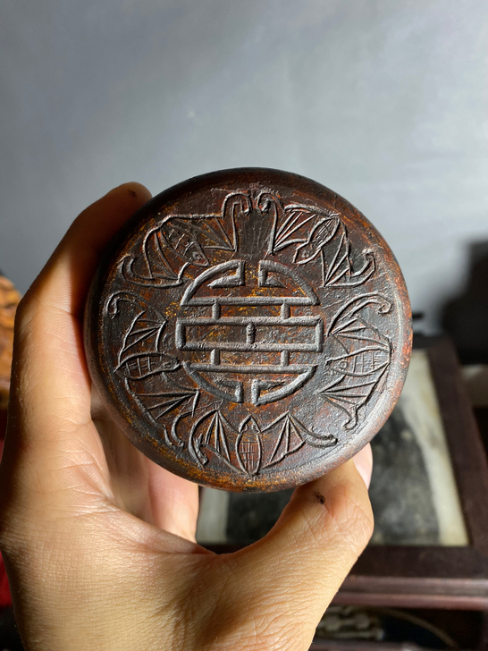 清代 五福捧寿 木质印泥盒