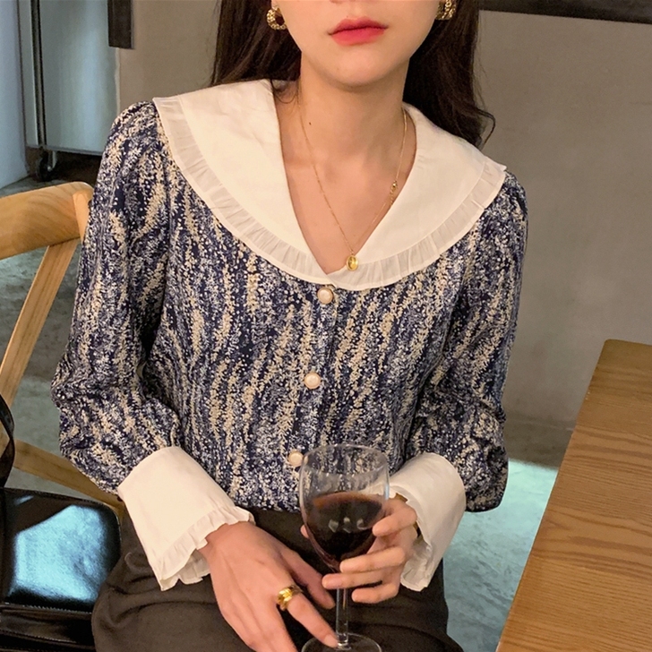 韩国ins衬衣叠穿复古设计感早春减龄木耳边...
