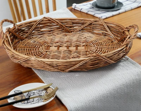 手工编织篮柳编面包篮田园风欧式圆形篮子点心...