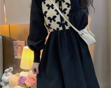 法式复古拼接针织连衣裙女赫本风高端优雅气质...